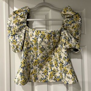 Yellow & Blue corset style Sweetheart Puff Sleeve Blouse